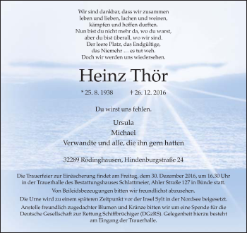 Traueranzeige von Heinz Thör von Neue Westfälische