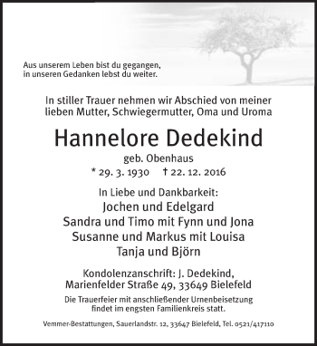 Traueranzeige von Hannelore Dedekind von Neue Westfälische
