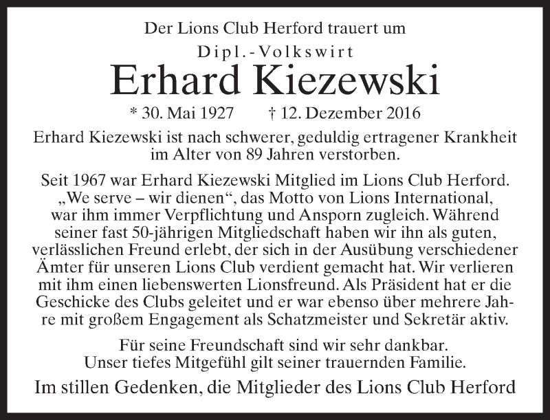  Traueranzeige für Erhard Kiezewski vom 29.12.2016 aus Neue Westfälische