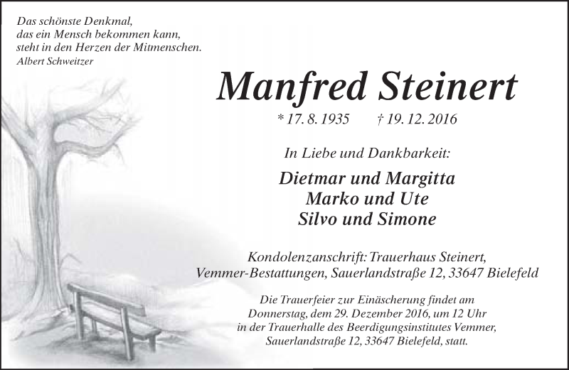  Traueranzeige für Manfred Steinert vom 24.12.2016 aus Neue Westfälische