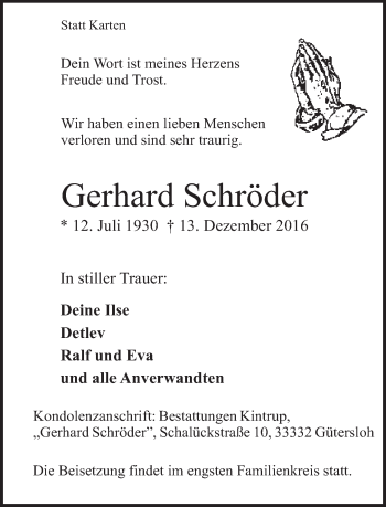 Traueranzeige von Gerhard Schröder von Neue Westfälische