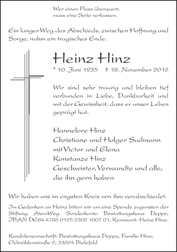 Traueranzeige von Heinz Hinz von Neue Westfälische