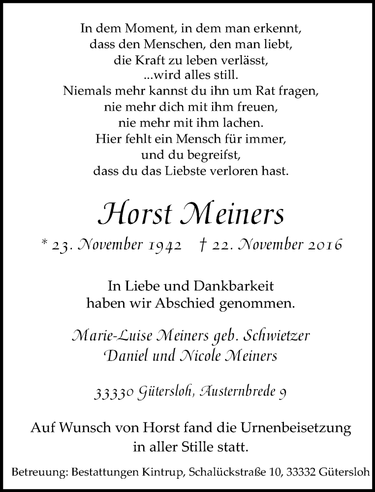  Traueranzeige für Horst Meiners vom 01.12.2016 aus Neue Westfälische