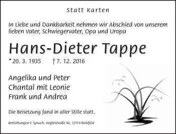Traueranzeige von Hans-Dieter Tappe von Neue Westfälische