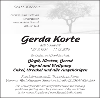 Traueranzeige von Gerda Korte von Neue Westfälische