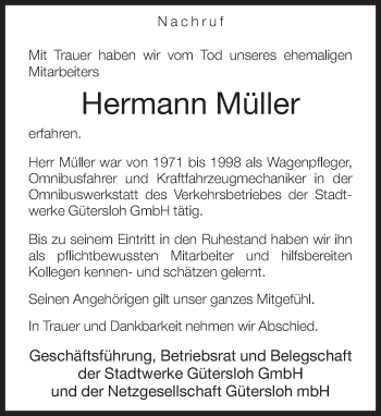 Traueranzeige von Hermann Müller von Neue Westfälische