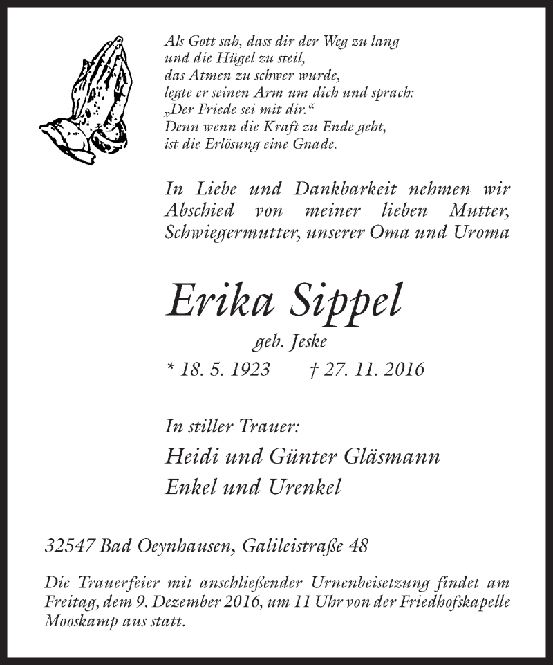  Traueranzeige für Erika Sippel vom 07.12.2016 aus Neue Westfälische