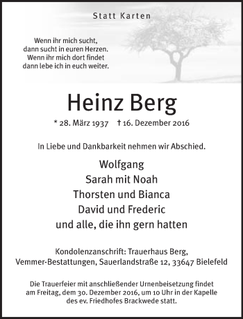 Traueranzeige von Heinz Berg von Neue Westfälische