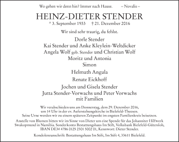 Traueranzeige von Heinz-Dieter Stender von Neue Westfälische