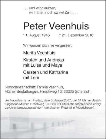 Traueranzeige von Peter Veenhuis von Neue Westfälische