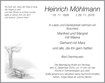 Traueranzeige von Heinrich Möhlmann von Neue Westfälische