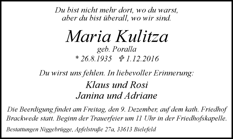  Traueranzeige für Maria Kulitza vom 07.12.2016 aus Neue Westfälische
