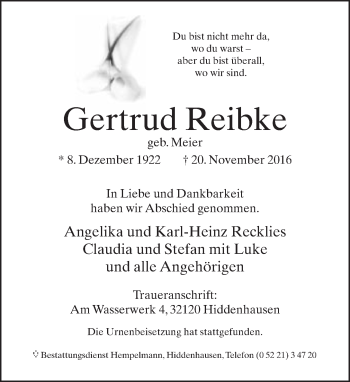 Traueranzeige von Gertrud Reibke von Neue Westfälische