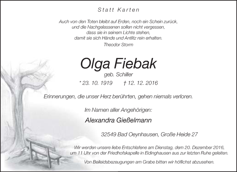  Traueranzeige für Olga Fiebak vom 17.12.2016 aus Neue Westfälische