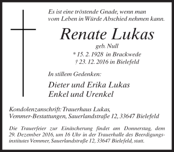 Traueranzeige von Renate Lukas von Neue Westfälische