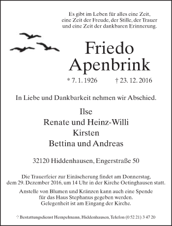 Traueranzeige von Friedo Apenbrink von Neue Westfälische