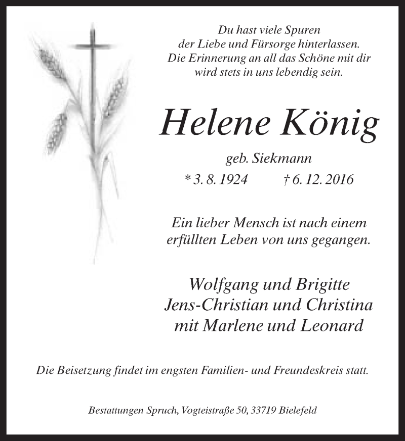  Traueranzeige für Helene König vom 10.12.2016 aus Neue Westfälische