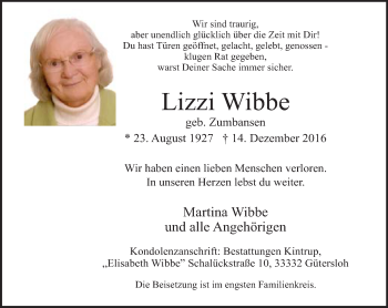 Traueranzeige von Lizzi Wibbe von Neue Westfälische