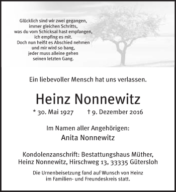 Traueranzeige von Heinz Nonnewitz von Neue Westfälische