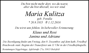 Traueranzeige von Maria Kulitza von Neue Westfälische