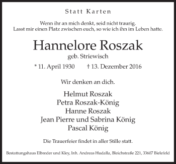 Traueranzeige von Hannelore Roszak von Neue Westfälische