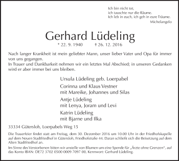 Traueranzeige von Gerhard Lüdeling von Neue Westfälische
