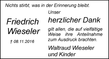 Traueranzeige von Friedrich Wieseler von Neue Westfälische