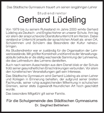 Traueranzeige von Gerhard Lüdeling von Neue Westfälische