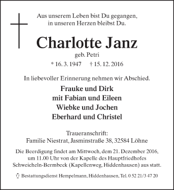 Traueranzeige von Charlotte Janz von Neue Westfälische
