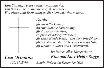Traueranzeige von Lisa Ortmann von Neue Westfälische
