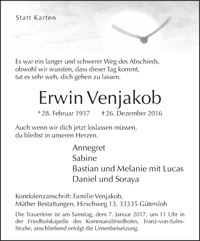  Traueranzeige für Erwin Venjakob vom 31.12.2016 aus Neue Westfälische