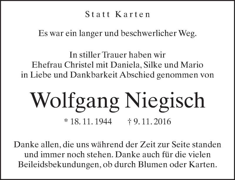  Traueranzeige für Wolfgang Niegisch vom 03.12.2016 aus Neue Westfälische