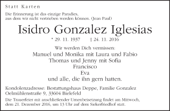 Traueranzeige von Isidro Gonzalez Iglesias von Neue Westfälische