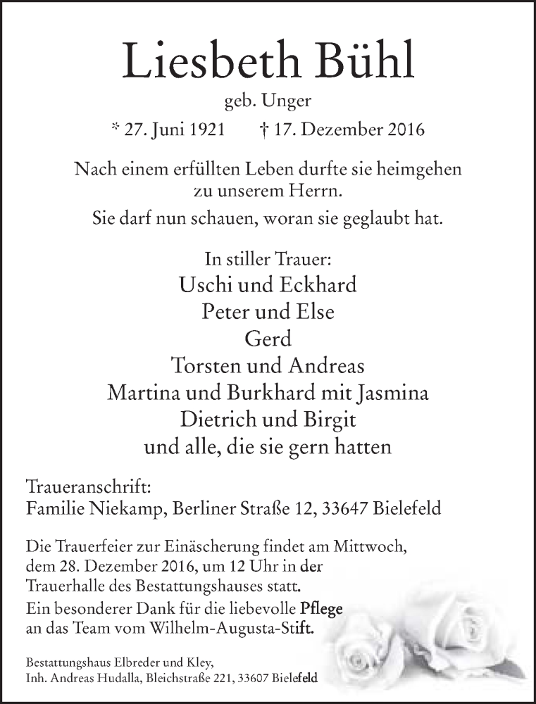  Traueranzeige für Liesbeth Bühl vom 22.12.2016 aus Neue Westfälische