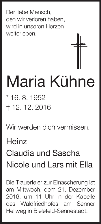 Traueranzeige von Maria Kühne von Neue Westfälische
