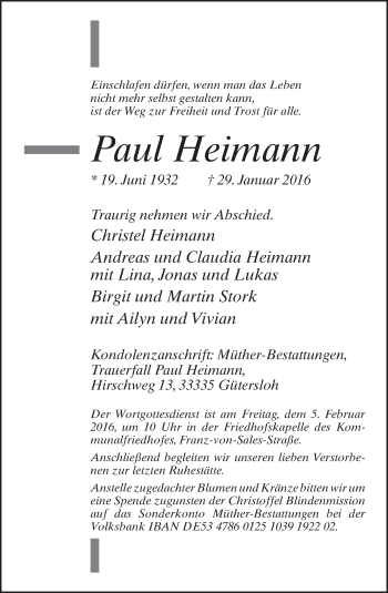 Traueranzeige von Paul Heimann von Neue Westfälische