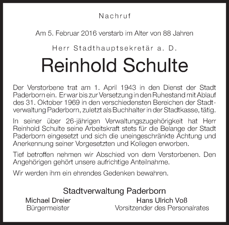  Traueranzeige für Reinhold Schulte vom 12.02.2016 aus Neue Westfälische