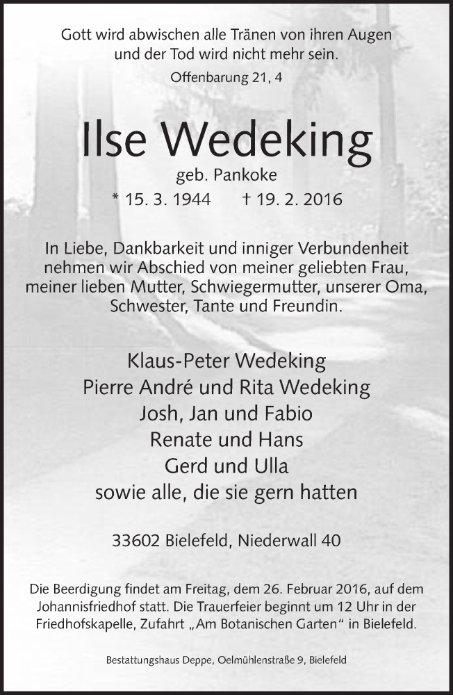  Traueranzeige für Ilse Wedeking vom 24.02.2016 aus Neue Westfälische