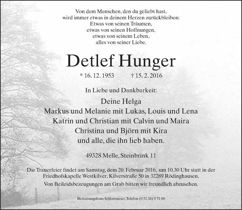  Traueranzeige für Detlef Hunger vom 18.02.2016 aus Neue Westfälische