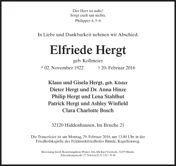 Traueranzeige von Elfriede Hergt von Neue Westfälische