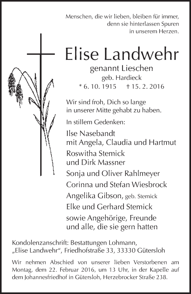  Traueranzeige für Elise Landwehr vom 19.02.2016 aus Neue Westfälische