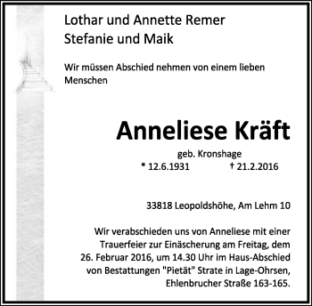 Traueranzeige von Anneliese Kräft von Neue Westfälische