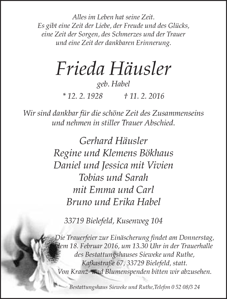 Traueranzeige für Frieda Häusler vom 13.02.2016 aus Neue Westfälische