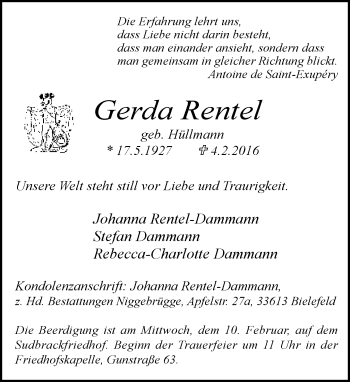 Traueranzeige von Gerda Rentel von Neue Westfälische