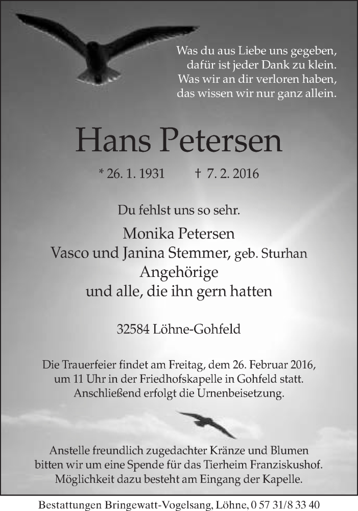  Traueranzeige für Hans Petersen vom 24.02.2016 aus Neue Westfälische