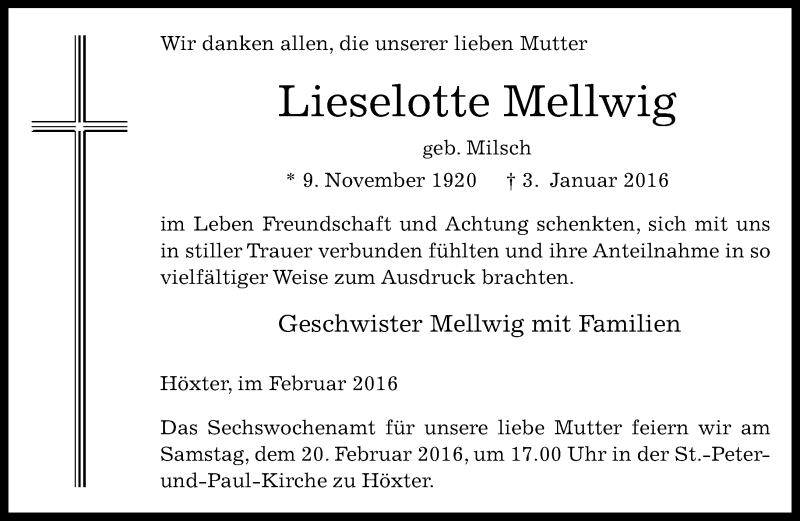  Traueranzeige für Lieselotte Mellwig vom 06.02.2016 aus Neue Westfälische