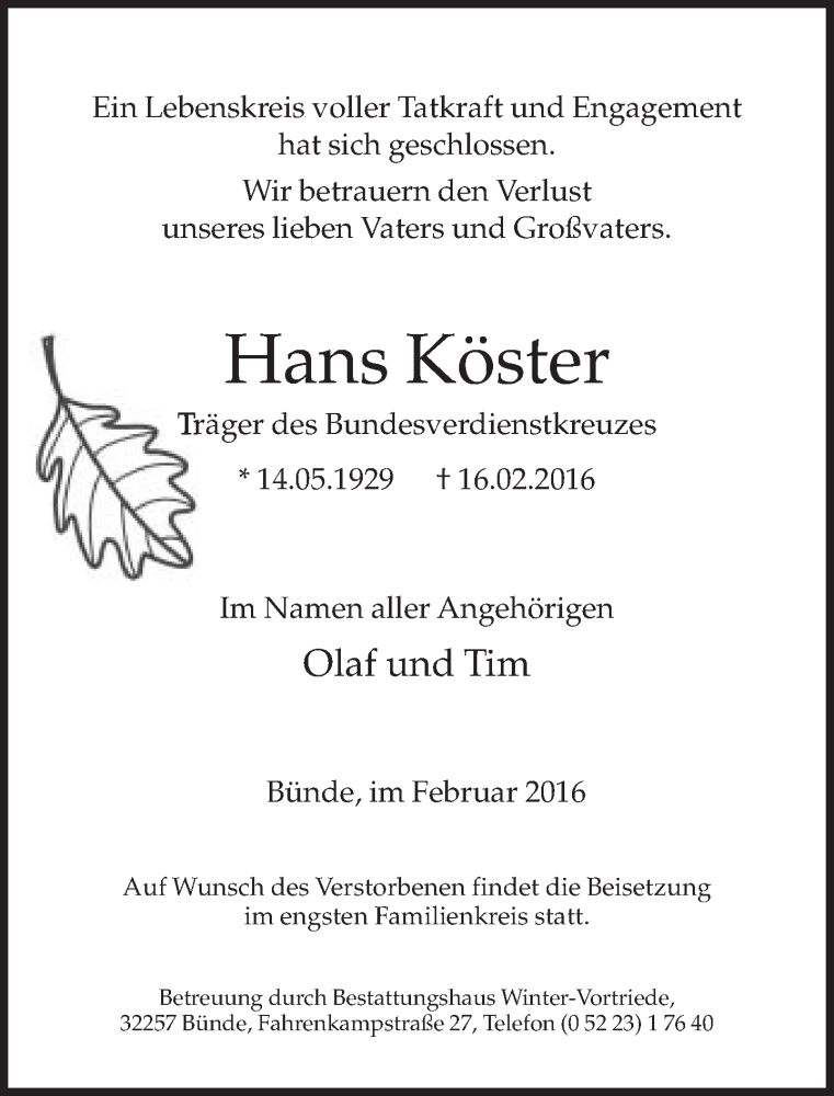  Traueranzeige für Hans Köster vom 27.02.2016 aus Neue Westfälische