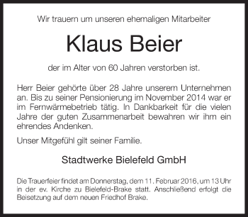 Traueranzeige von Klaus Beier von Neue Westfälische