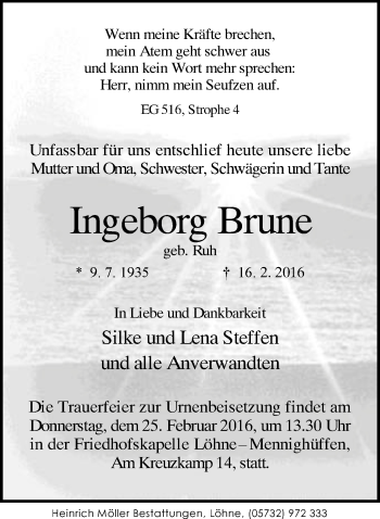 Traueranzeige von Ingeborg Brune von Neue Westfälische
