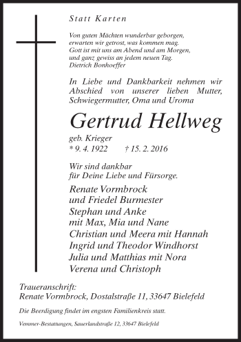 Traueranzeige von Gertrud Hellweg von Neue Westfälische
